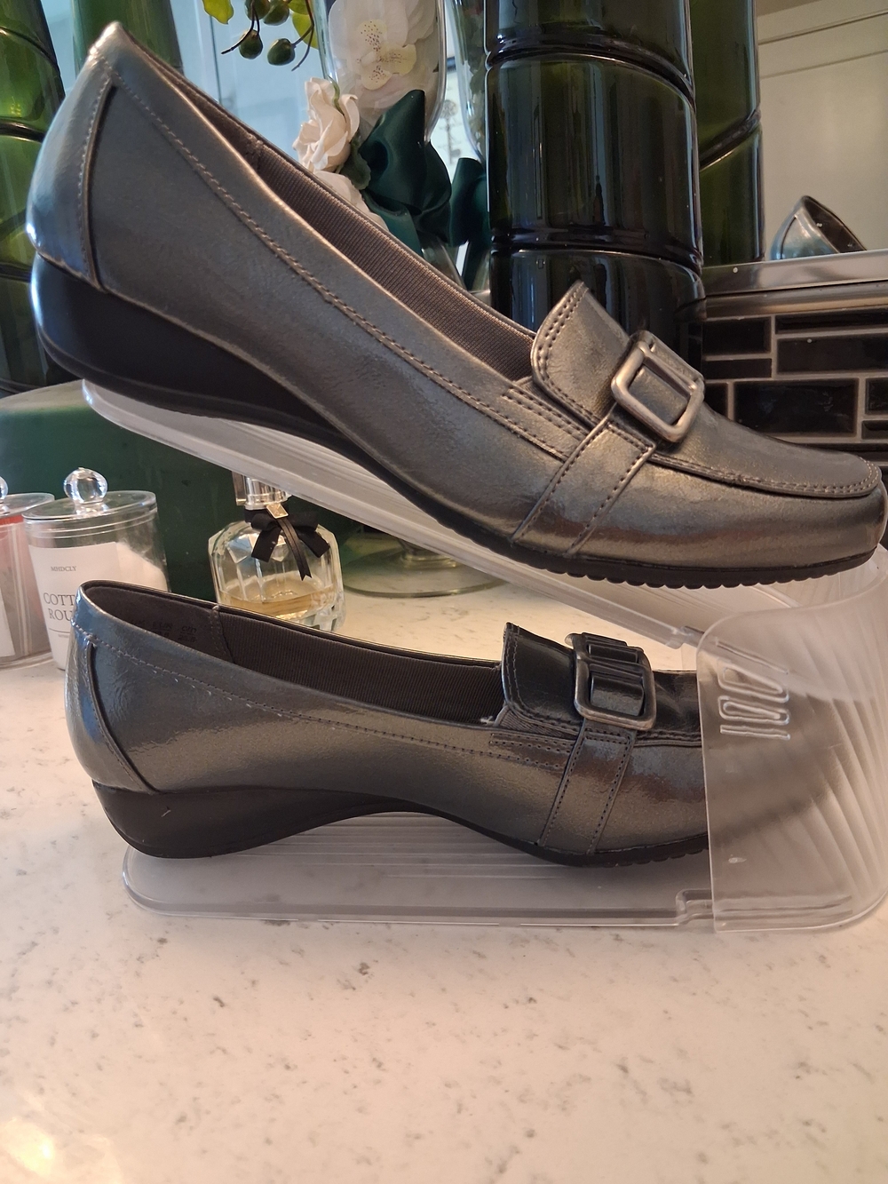 Life Stride Women's Metallic Pewter Slip-On Loafers with Buckle